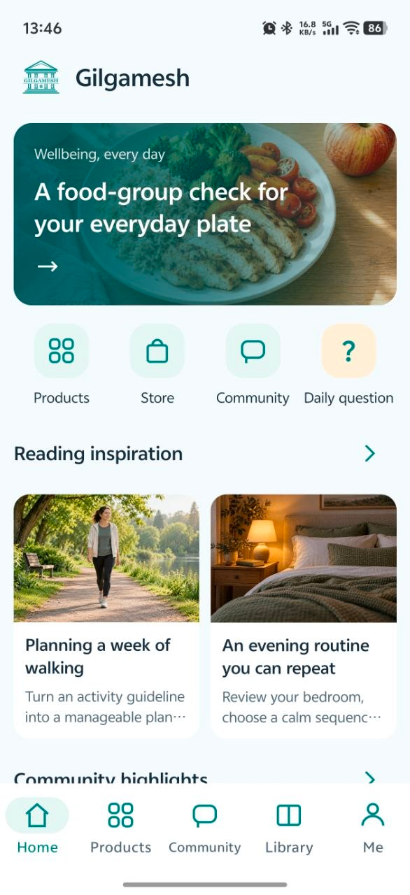 Gilgamesh home screen with wellbeing articles and community shortcuts