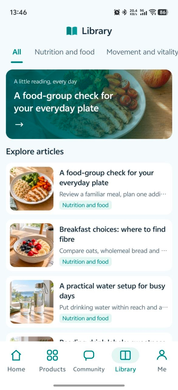 Gilgamesh Library screen with wellbeing articles